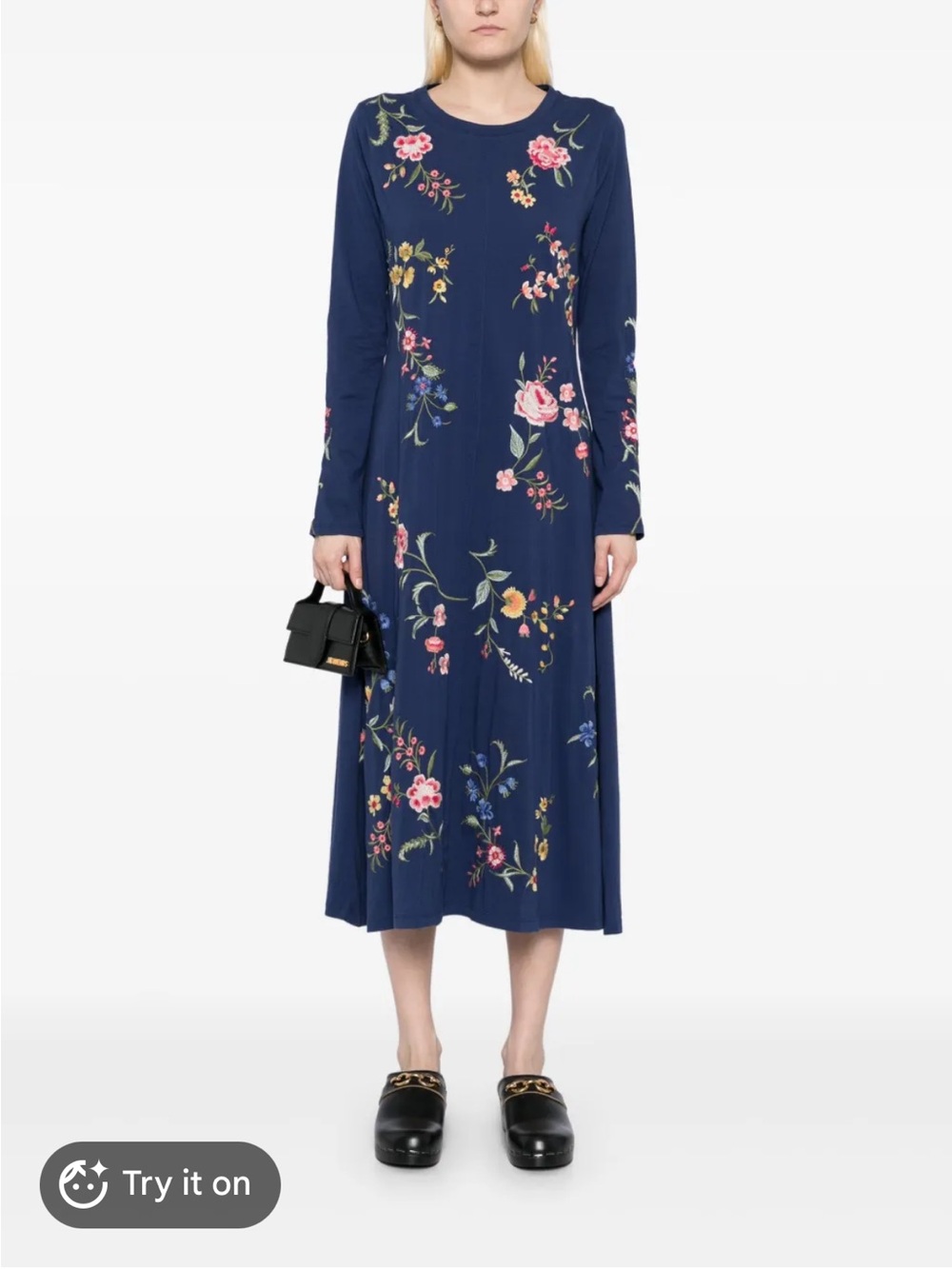 Johnny Was womans embroidered Navy Floral Long-Sleeve Midi Dress size L